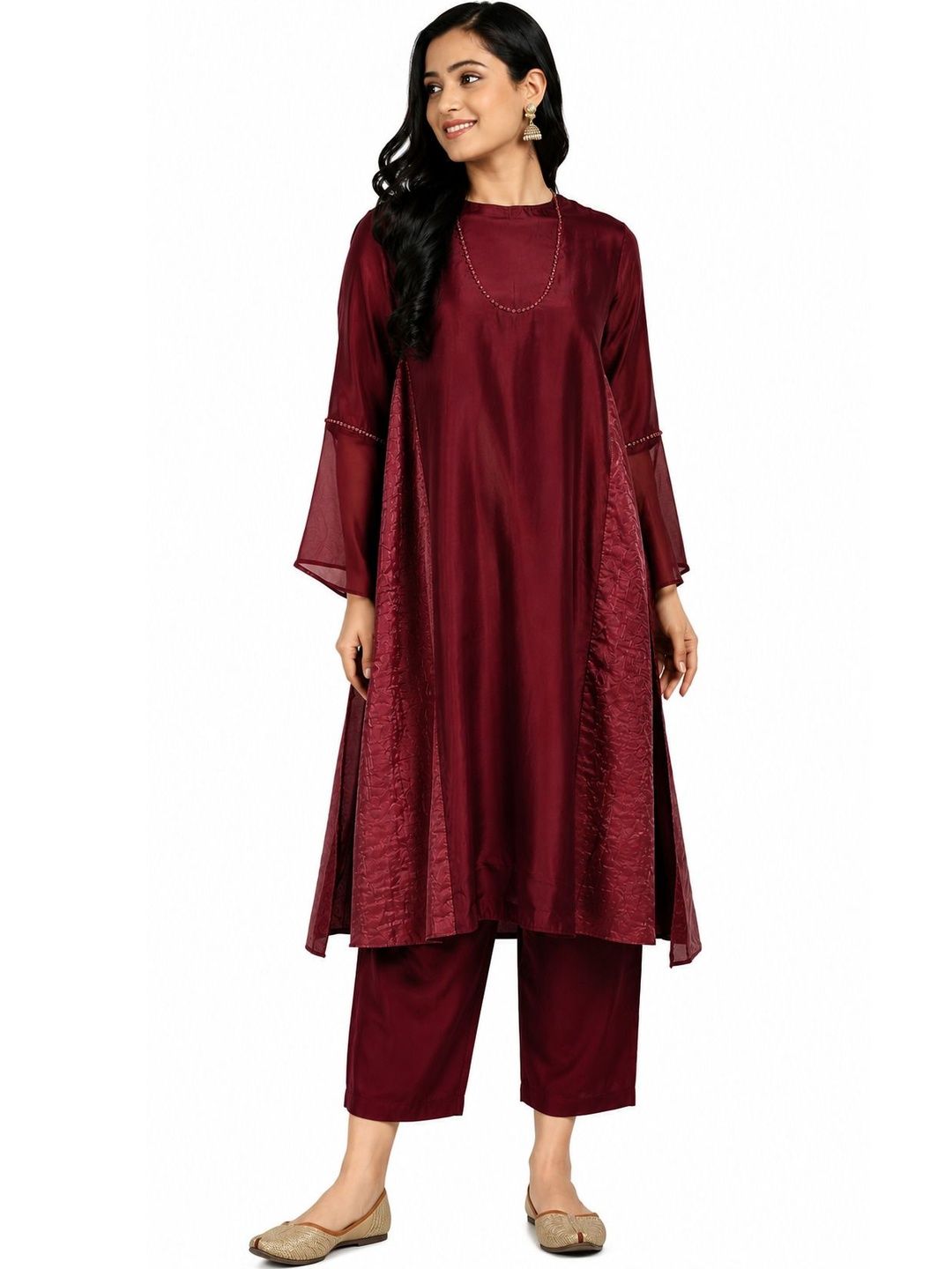 Red Pure Cupro silk Kurta accentuated with Kantha and Swaroski at the Neck Round