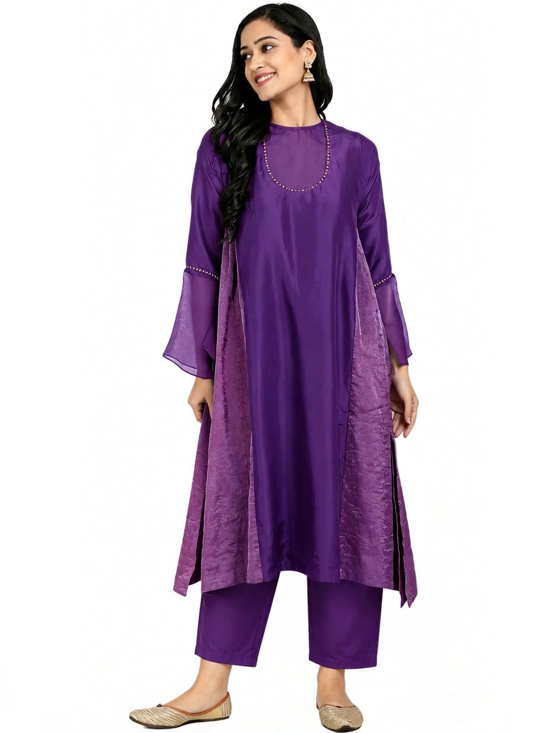 Red Pure Cupro silk Kurta accentuated with Kantha and Swaroski at the Neck Round