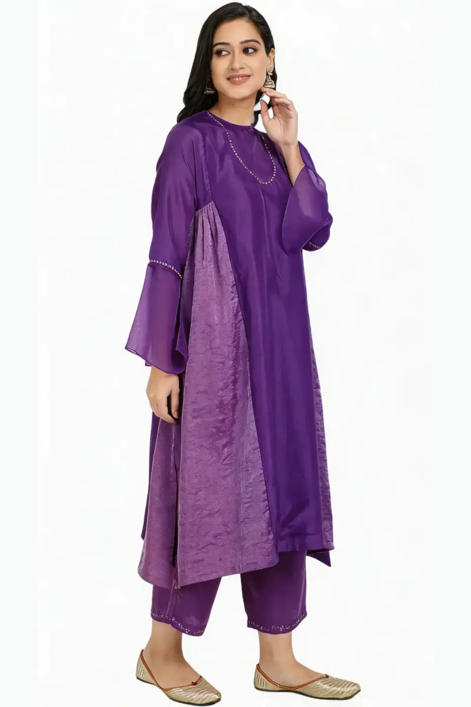 Red Pure Cupro silk Kurta accentuated with Kantha and Swaroski at the Neck Round
