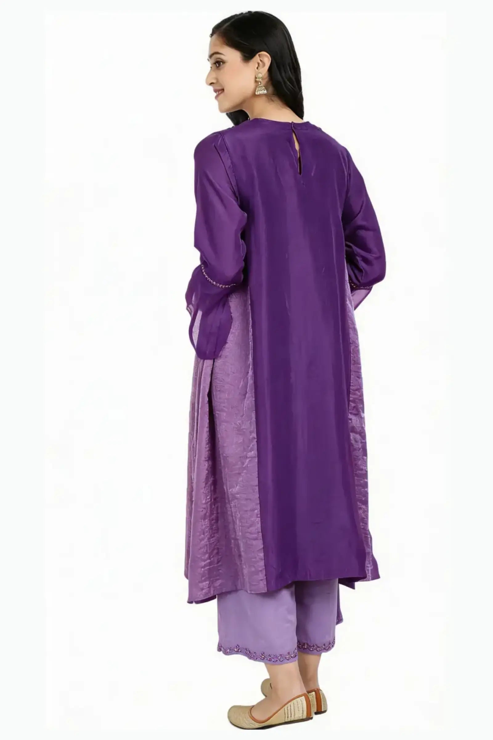 Red Pure Cupro silk Kurta accentuated with Kantha and Swaroski at the Neck Round