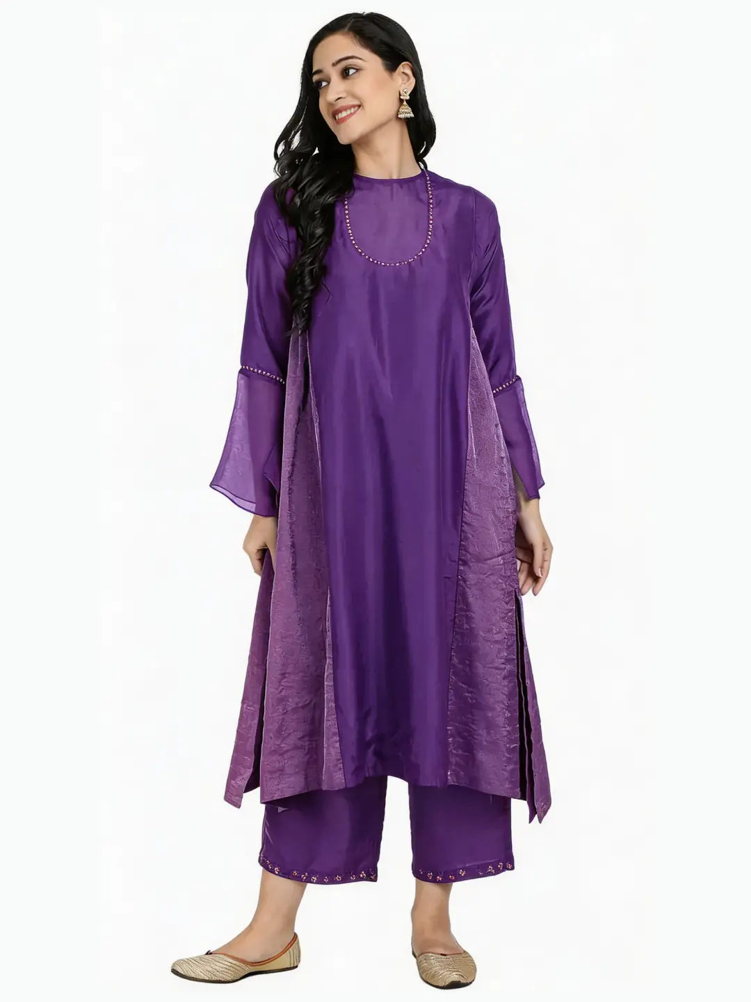Red Pure Cupro silk Kurta accentuated with Kantha and Swaroski at the Neck Round
