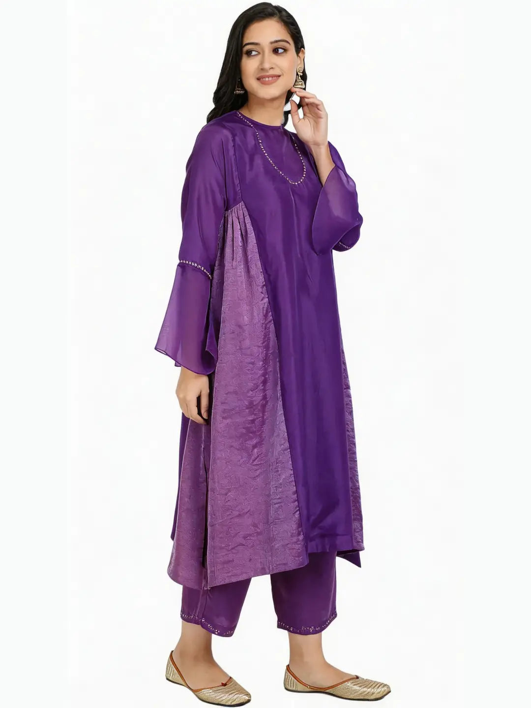Red Pure Cupro silk Kurta accentuated with Kantha and Swaroski at the Neck Round
