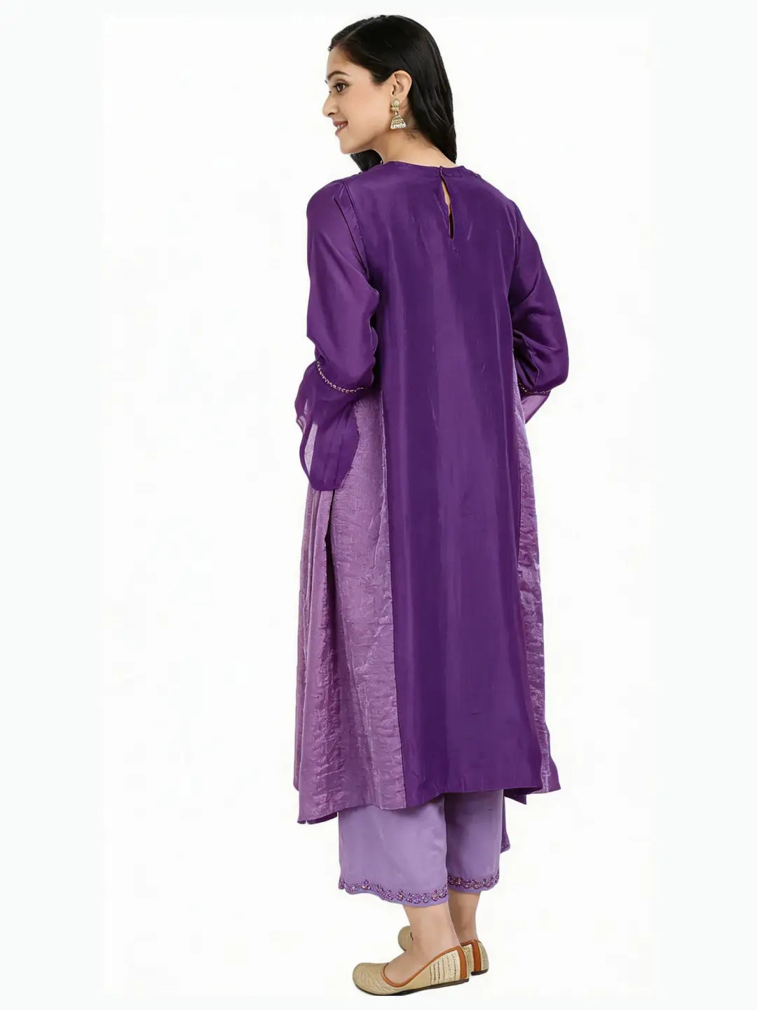 Red Pure Cupro silk Kurta accentuated with Kantha and Swaroski at the Neck Round