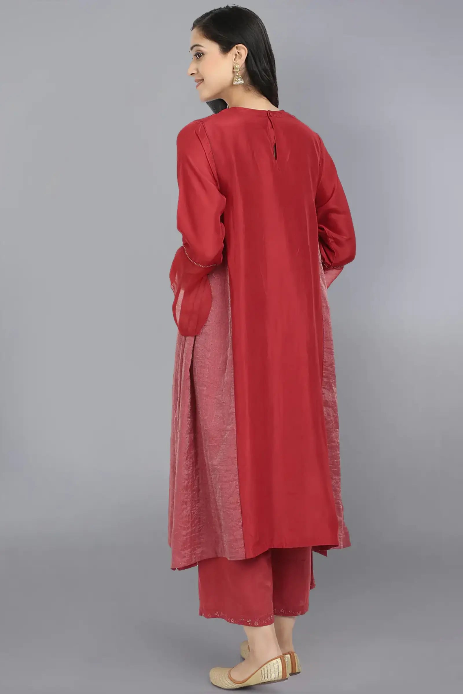 Red Pure Cupro silk Kurta accentuated with Kantha and Swaroski at the Neck Round