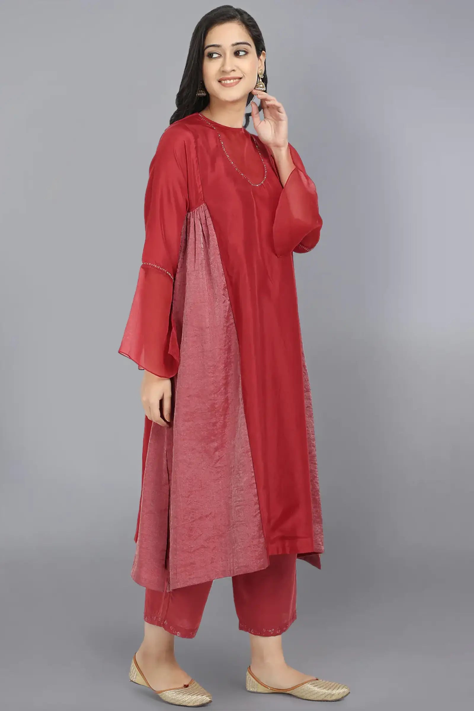 Red Pure Cupro silk Kurta accentuated with Kantha and Swaroski at the Neck Round