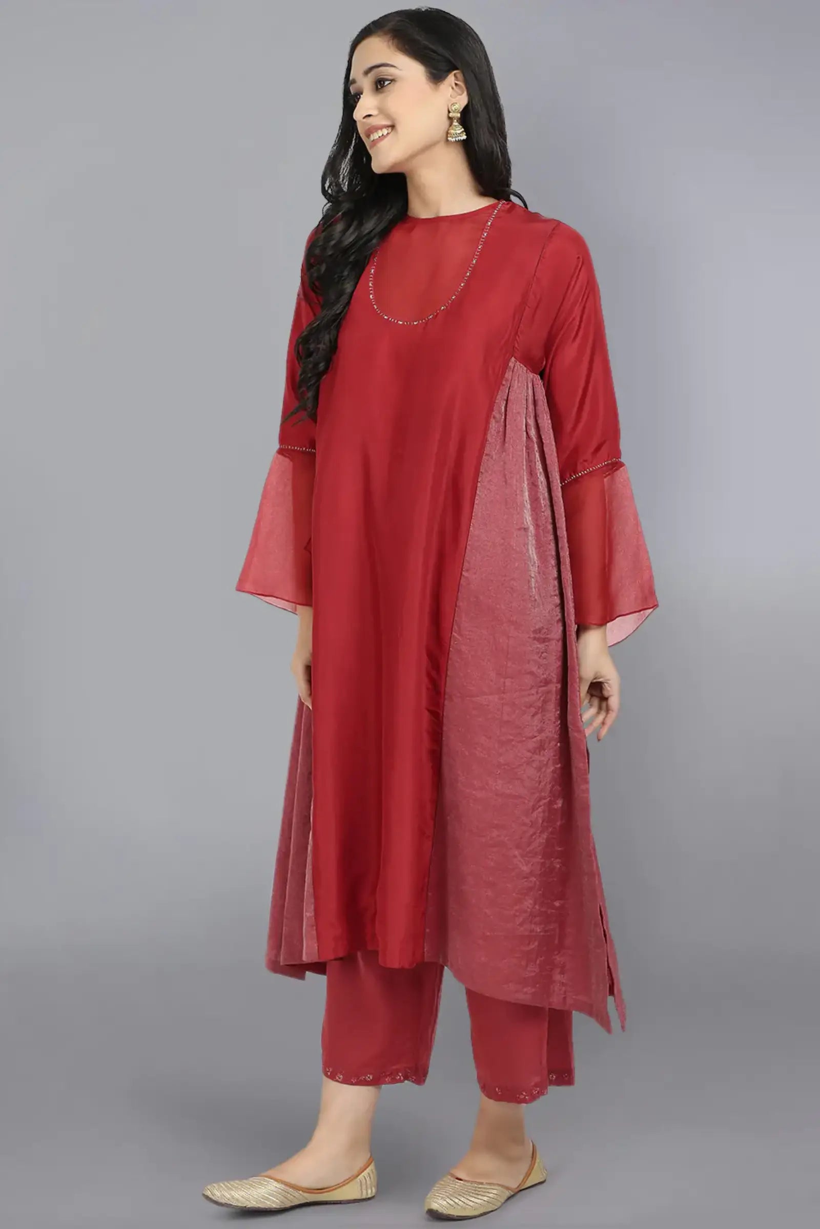 Red Pure Cupro silk Kurta accentuated with Kantha and Swaroski at the Neck Round