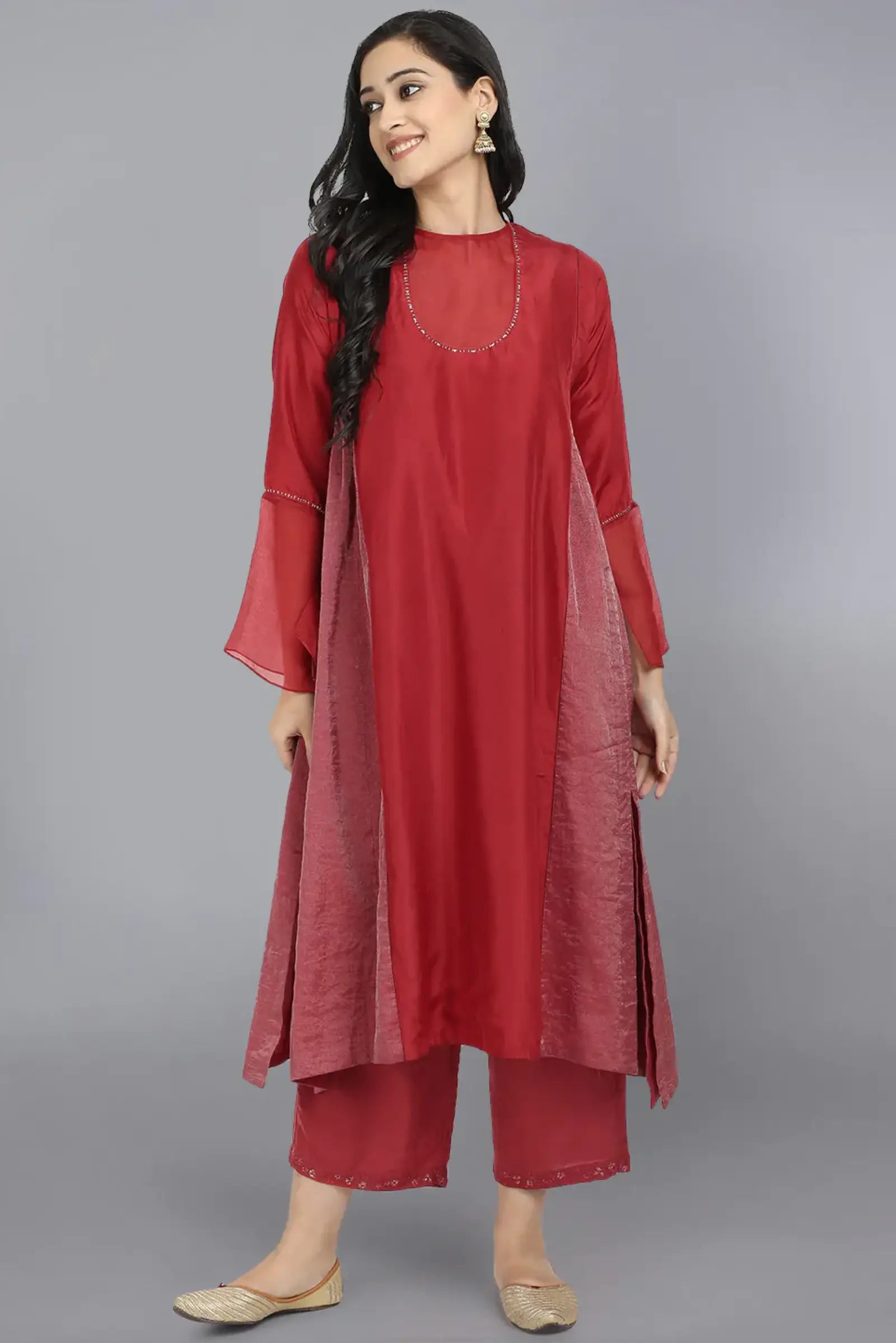 Red Pure Cupro silk Kurta accentuated with Kantha and Swaroski at the Neck Round