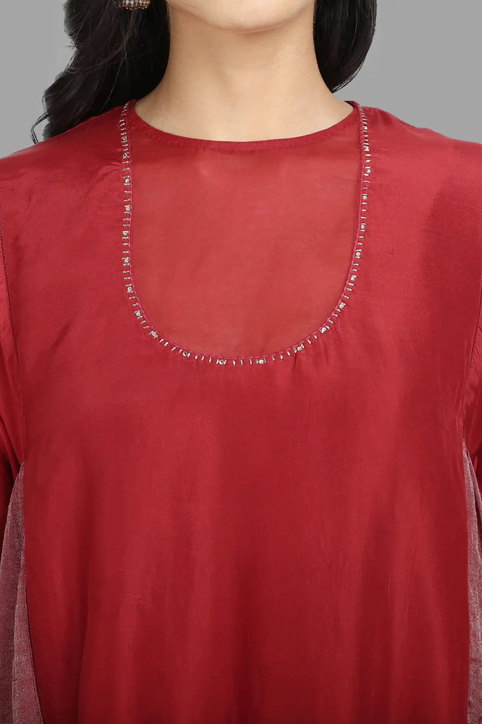 Red Pure Cupro silk Kurta accentuated with Kantha and Swaroski at the Neck Round