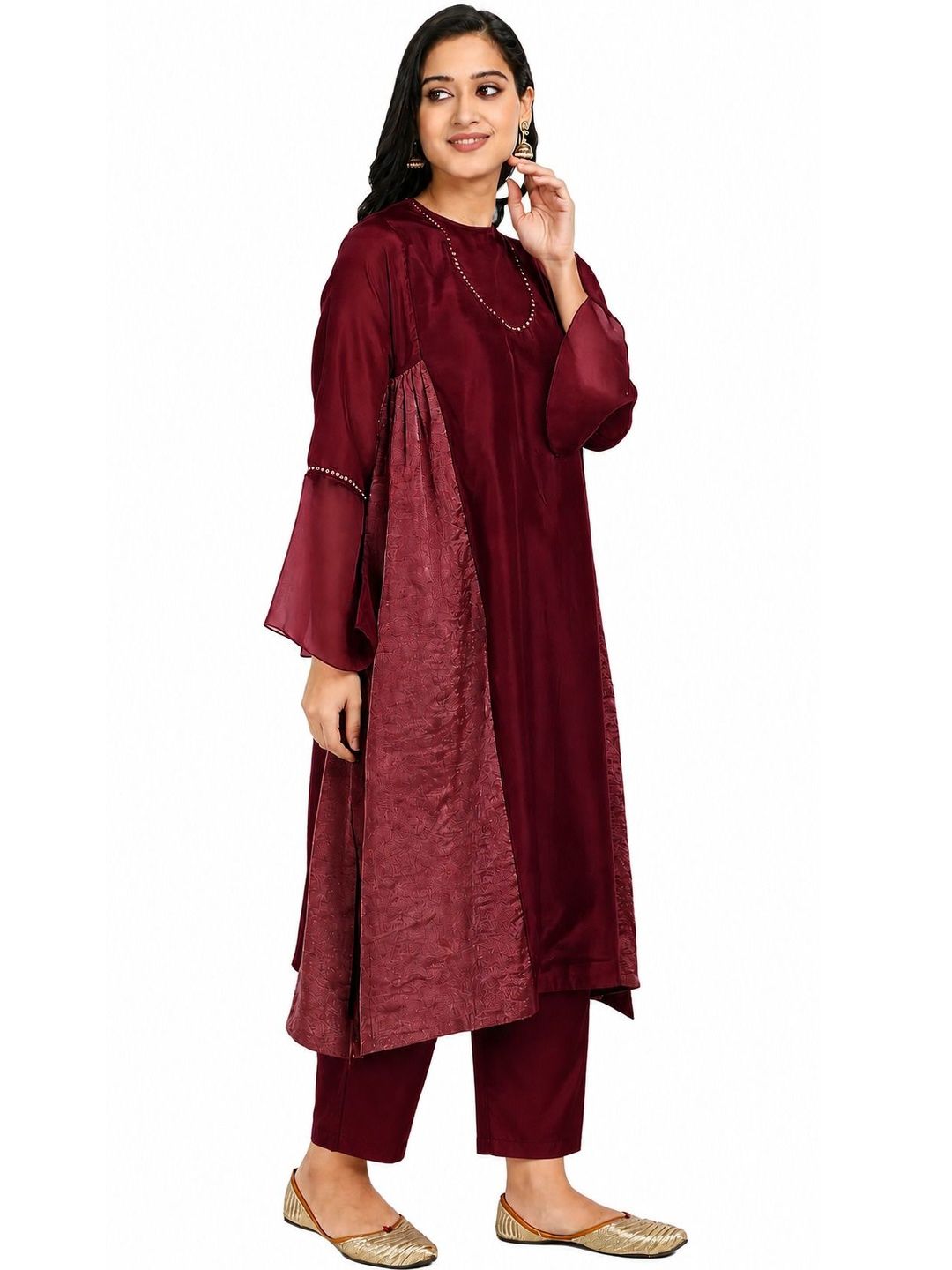Red Pure Cupro silk Kurta accentuated with Kantha and Swaroski at the Neck Round