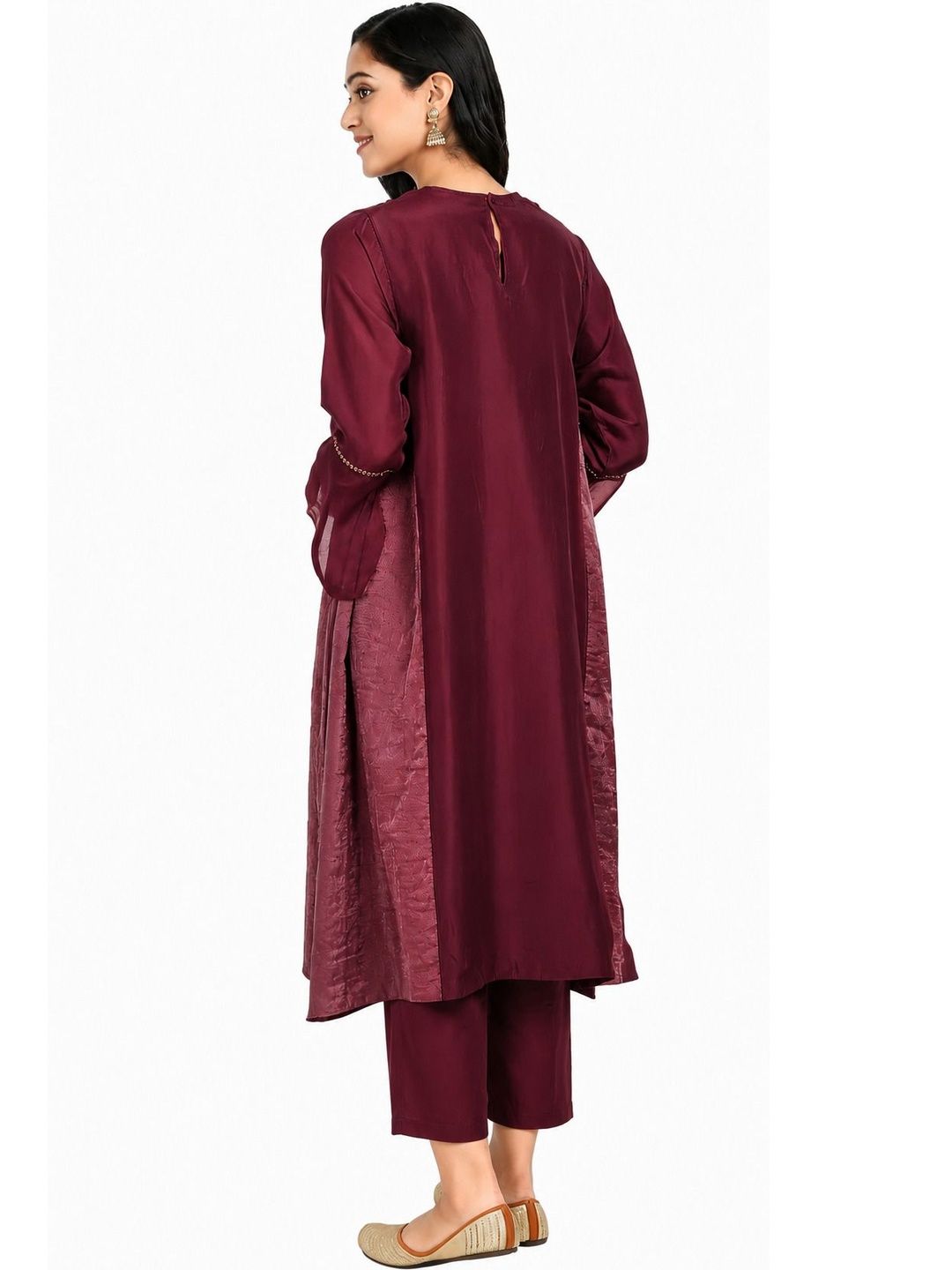 Red Pure Cupro silk Kurta accentuated with Kantha and Swaroski at the Neck Round