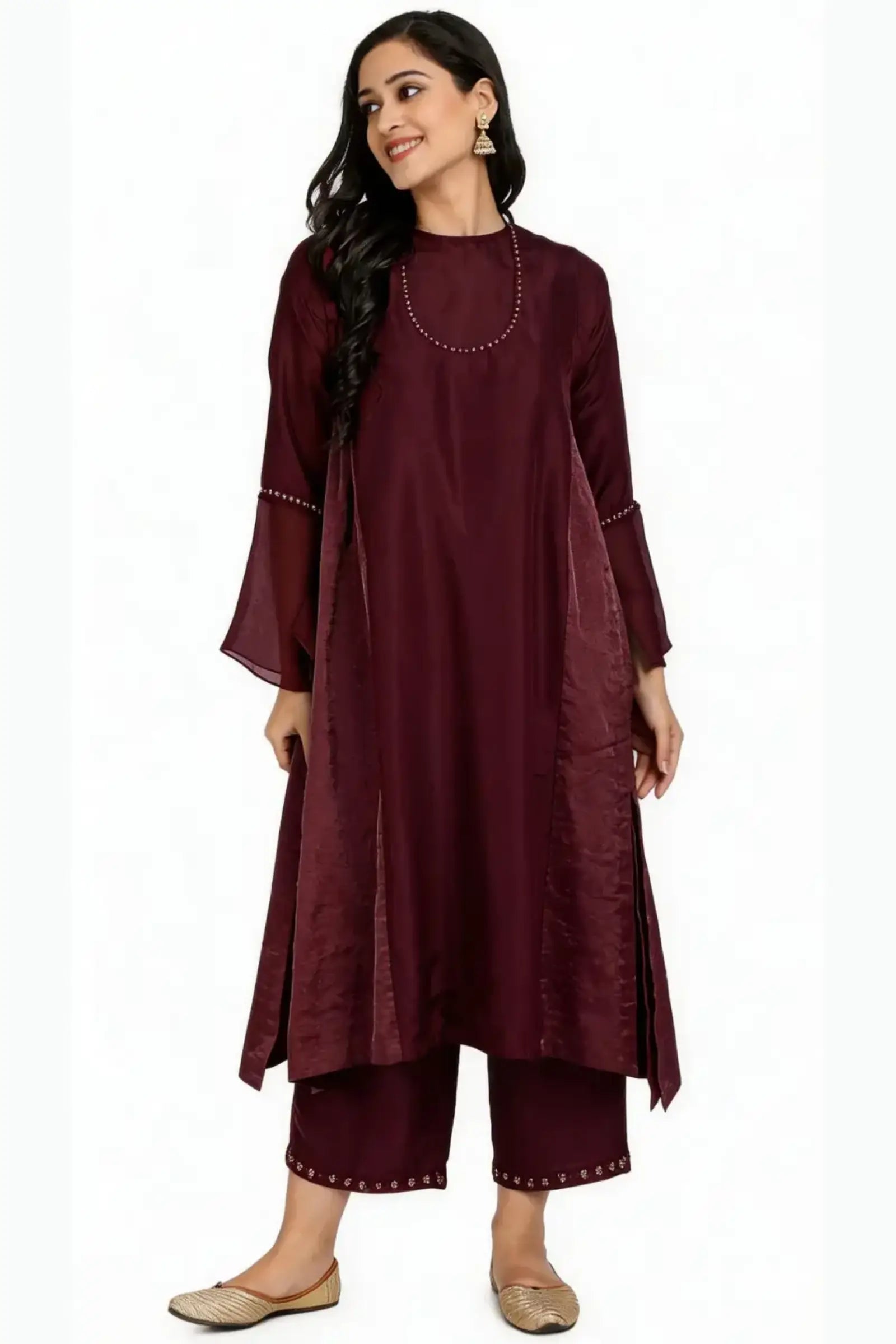 Red Pure Cupro silk Kurta accentuated with Kantha and Swaroski at the Neck Round