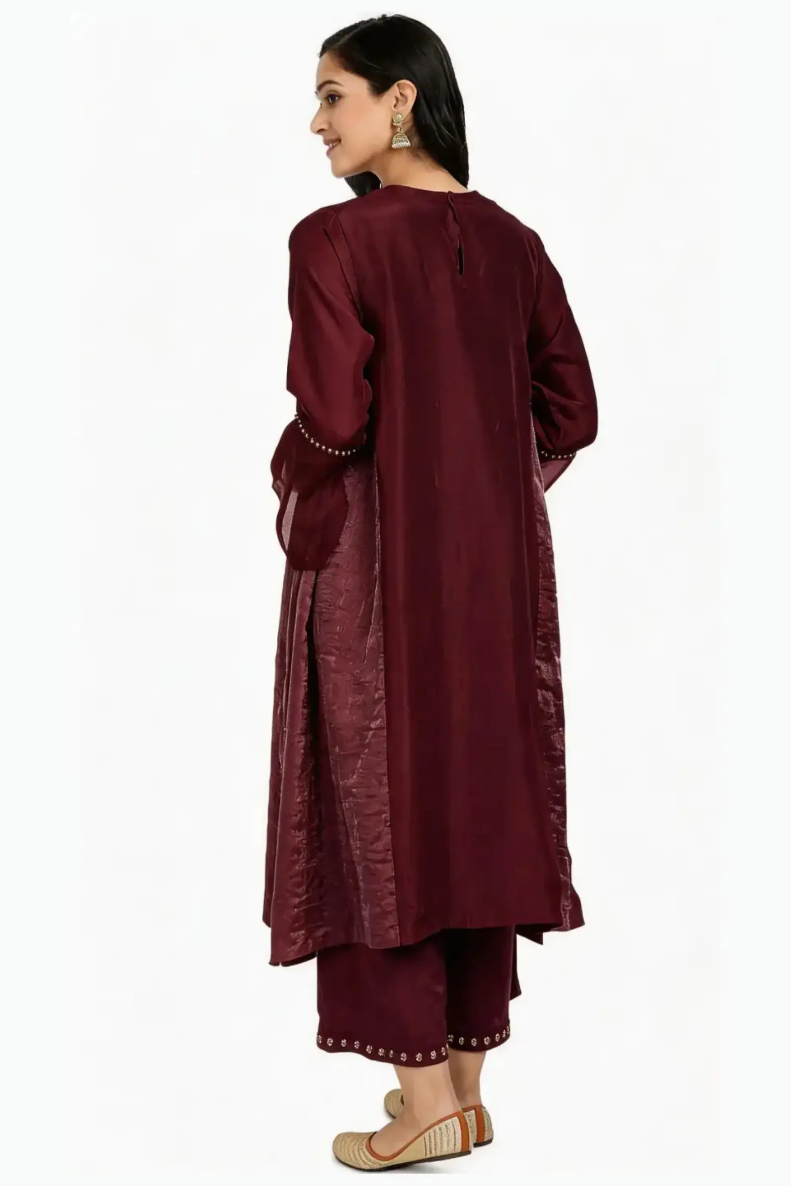 Red Pure Cupro silk Kurta accentuated with Kantha and Swaroski at the Neck Round