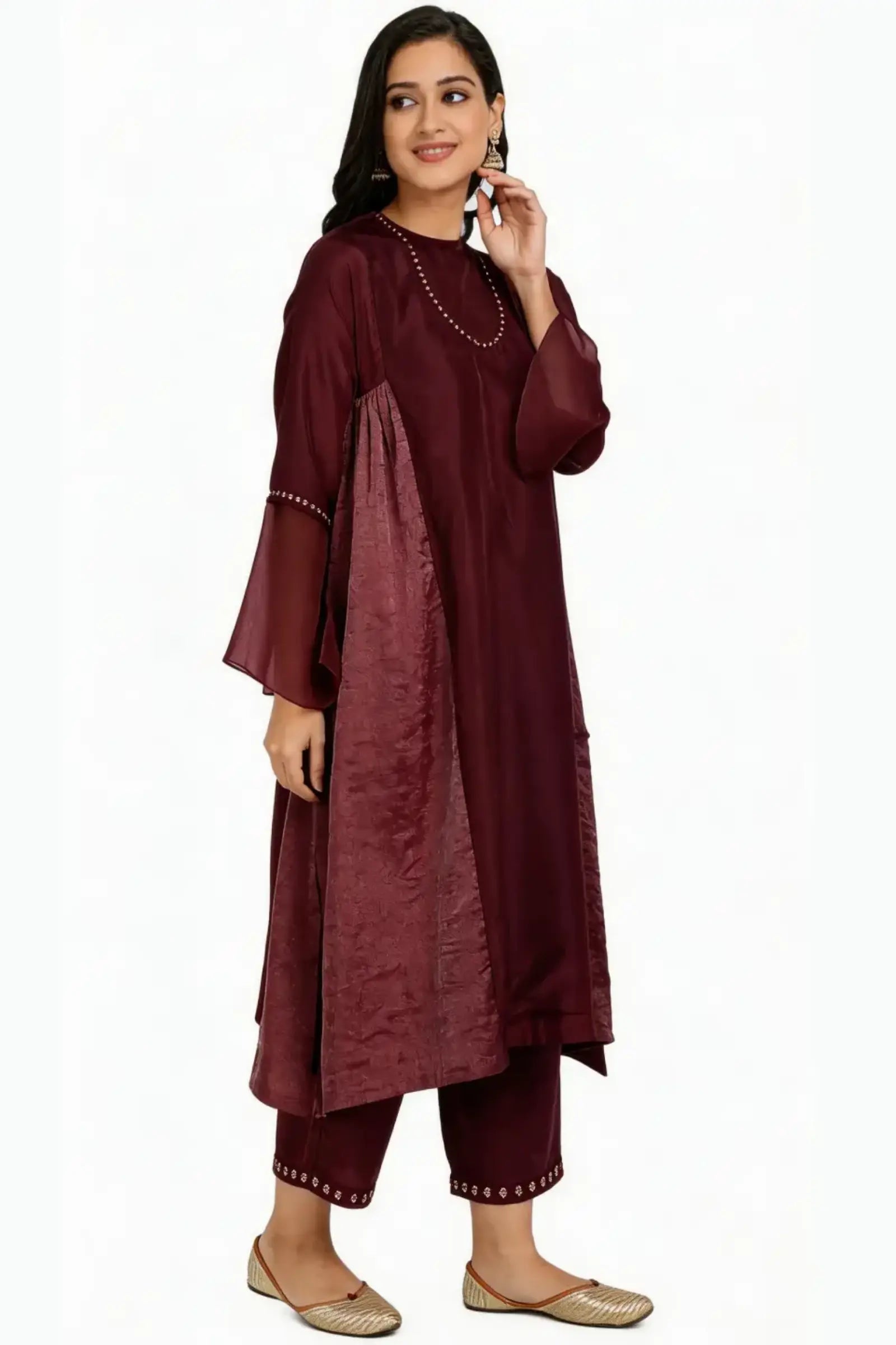 Red Pure Cupro silk Kurta accentuated with Kantha and Swaroski at the Neck Round