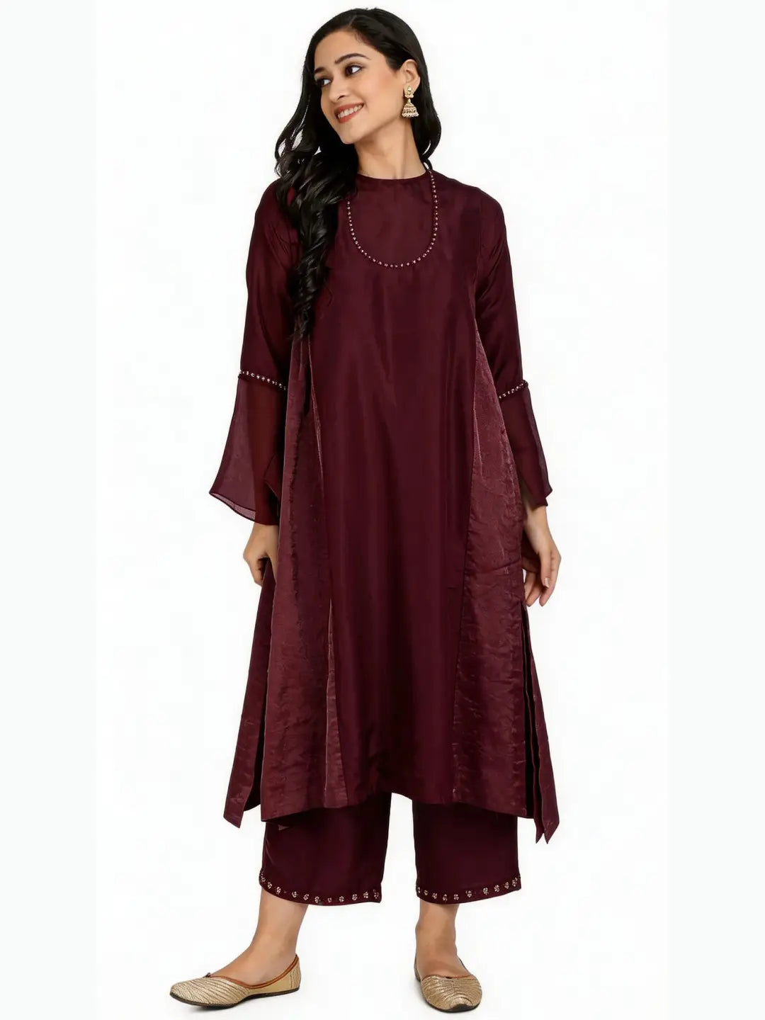 Red Pure Cupro silk Kurta accentuated with Kantha and Swaroski at the Neck Round