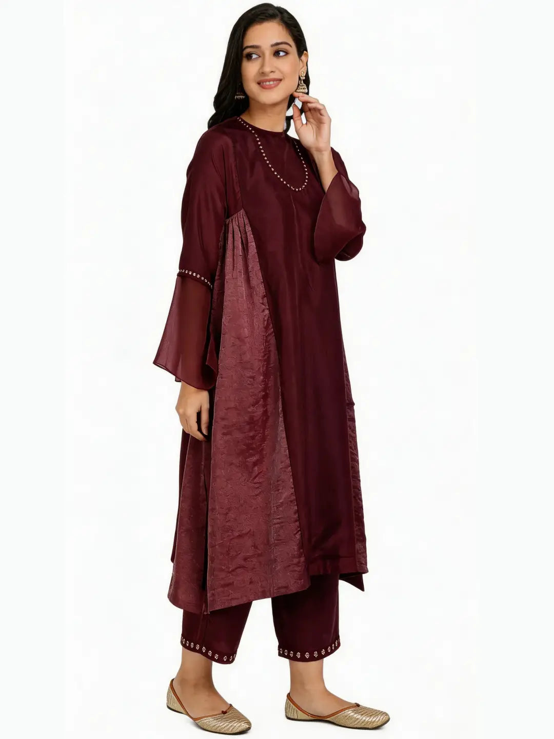 Red Pure Cupro silk Kurta accentuated with Kantha and Swaroski at the Neck Round