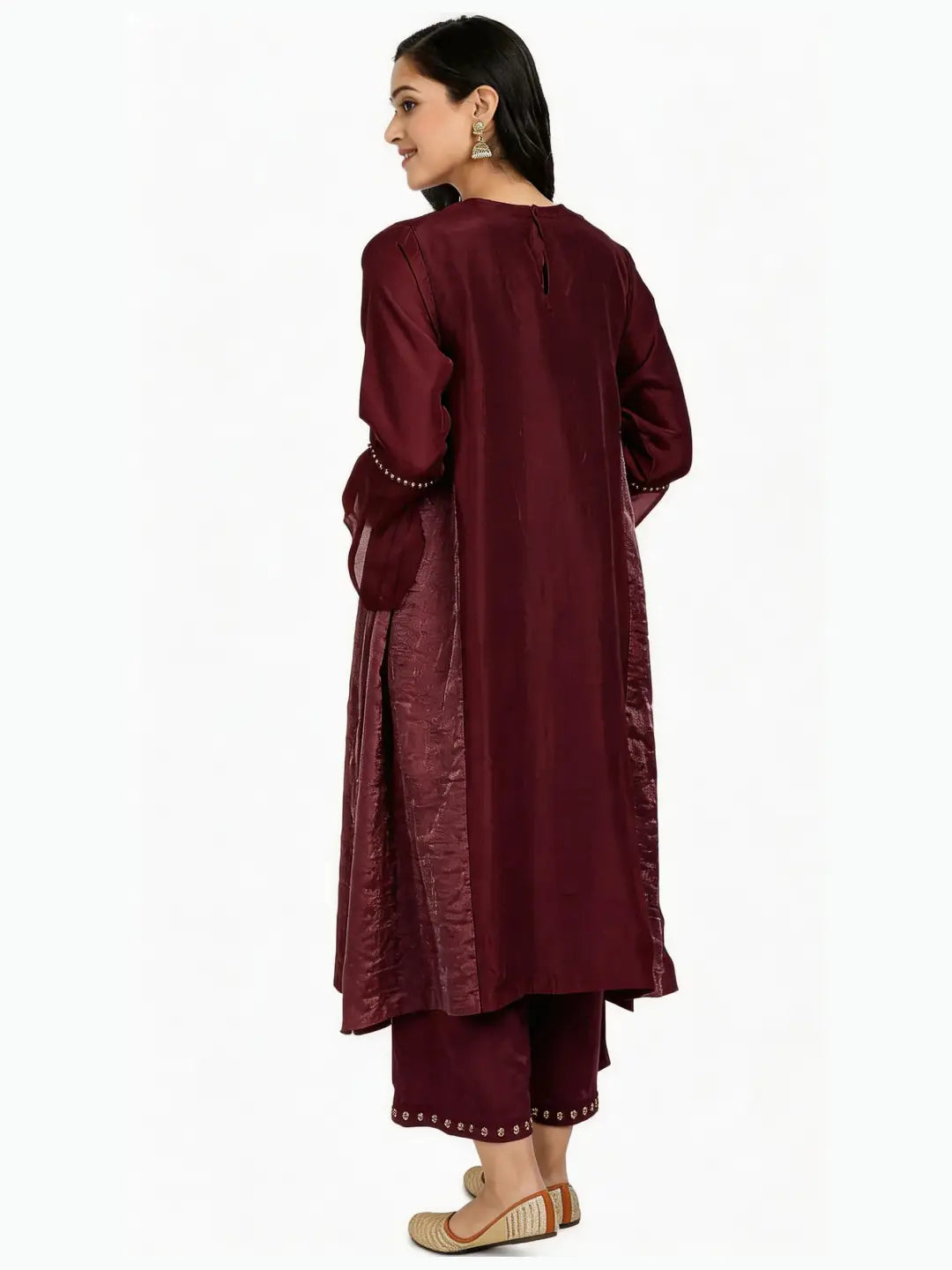 Red Pure Cupro silk Kurta accentuated with Kantha and Swaroski at the Neck Round