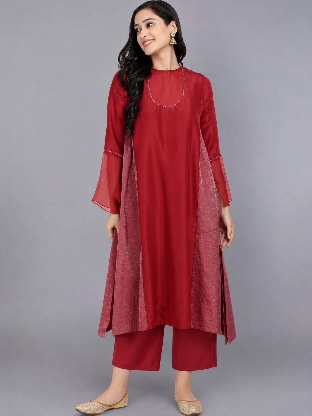 Red Pure Cupro silk Kurta accentuated with Kantha and Swaroski at the Neck Round